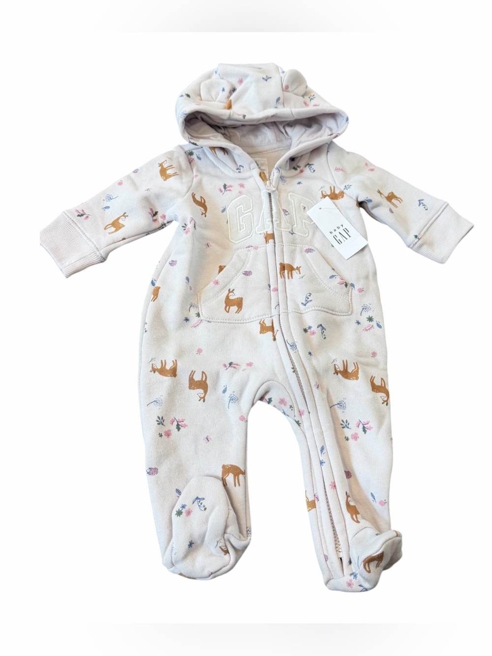 Baby Gap Coverall Girls Size 0-3 Months Purple Deer Hooded Footed One-Piece NEW